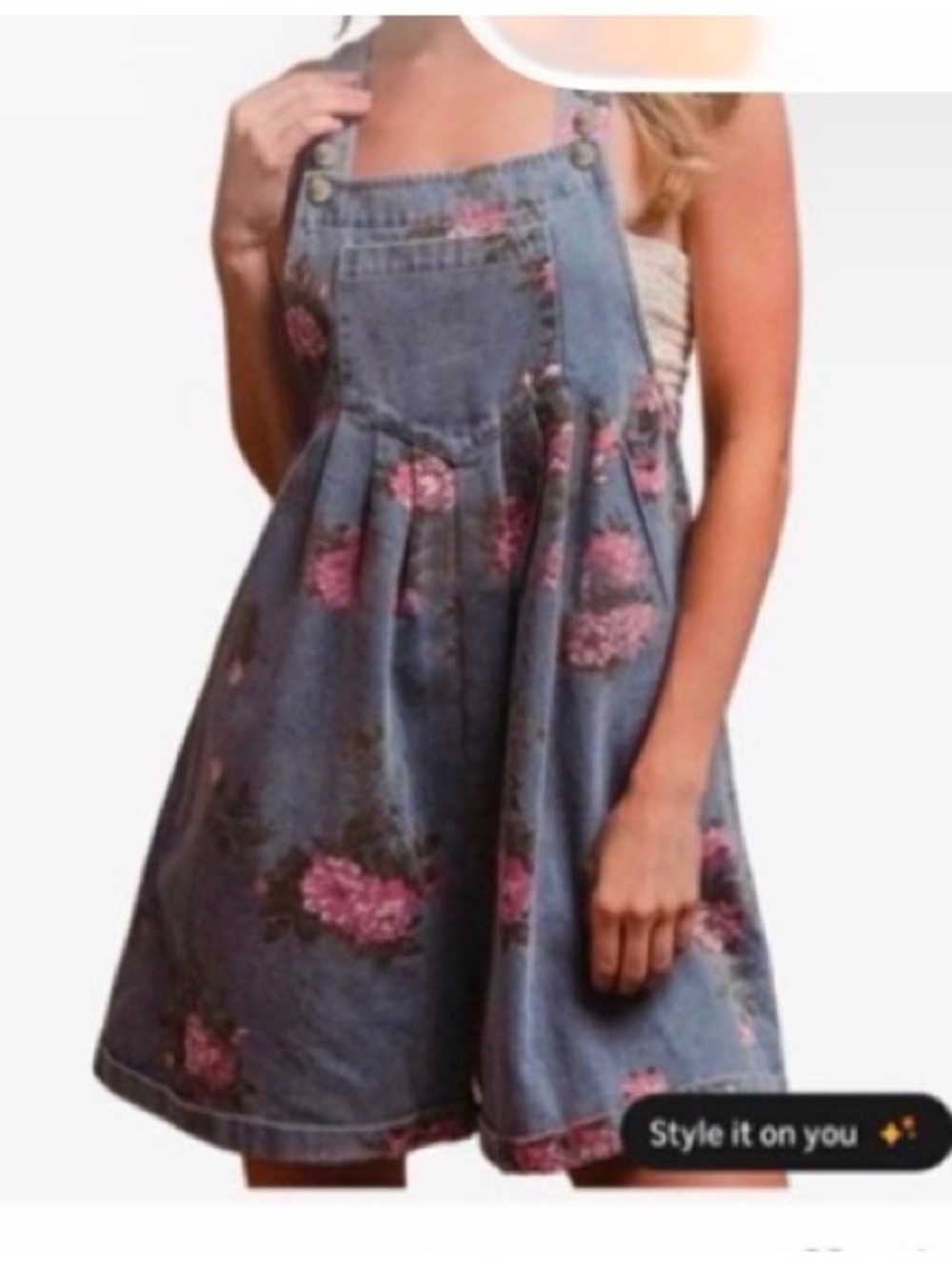 #1132 Floral Blue Denim overalls jumper/romper with Pink Rose Print